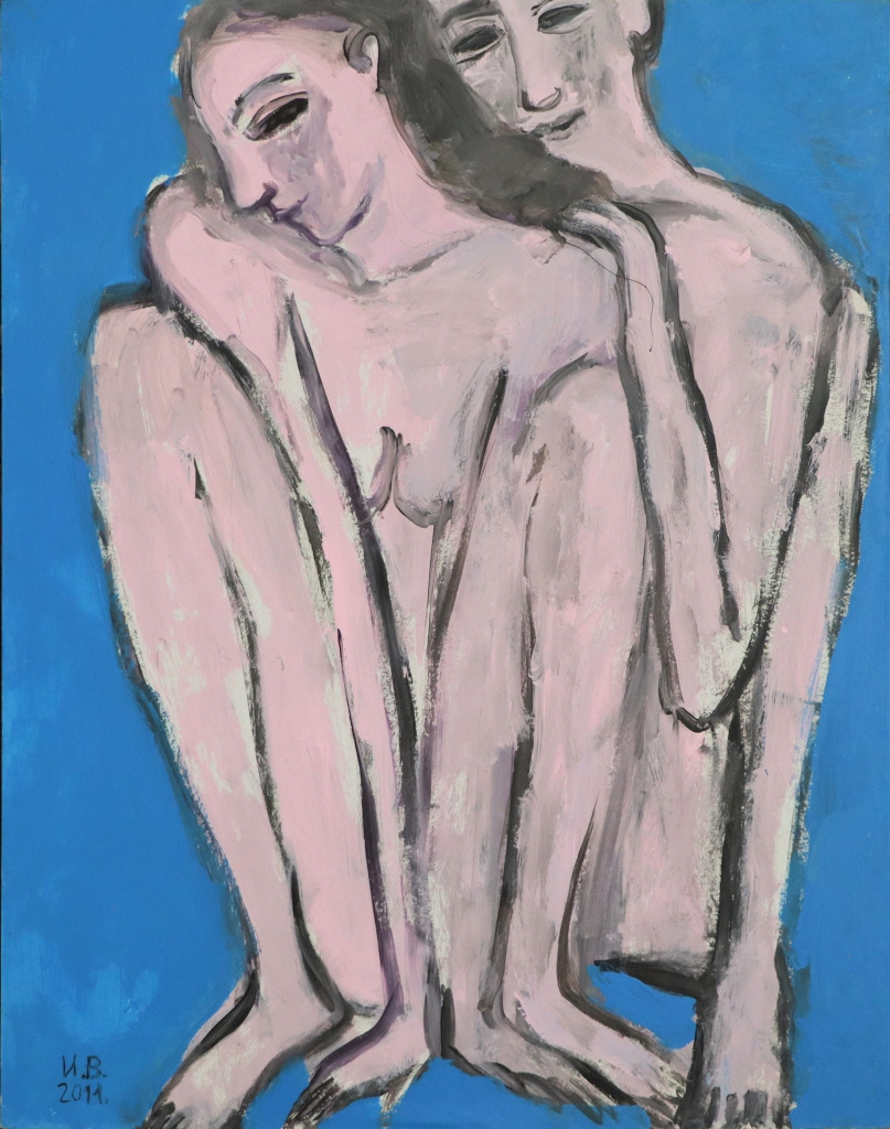 4. Розовые на голубом(Серия «Любовники»). 2011. Флизелин, акрил, воск. 105×83.jpg