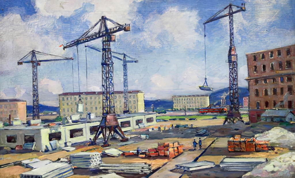 14-2. Краны. Красноярск строится. Холст, масло. 1963. 44×70. КрКМ.jpg